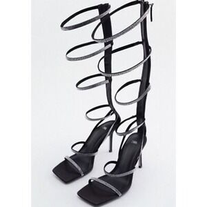 Zara Black Rhinestone Square Toe High Heel‎ Lace Up Gladiator Sandals US 8 NWT
